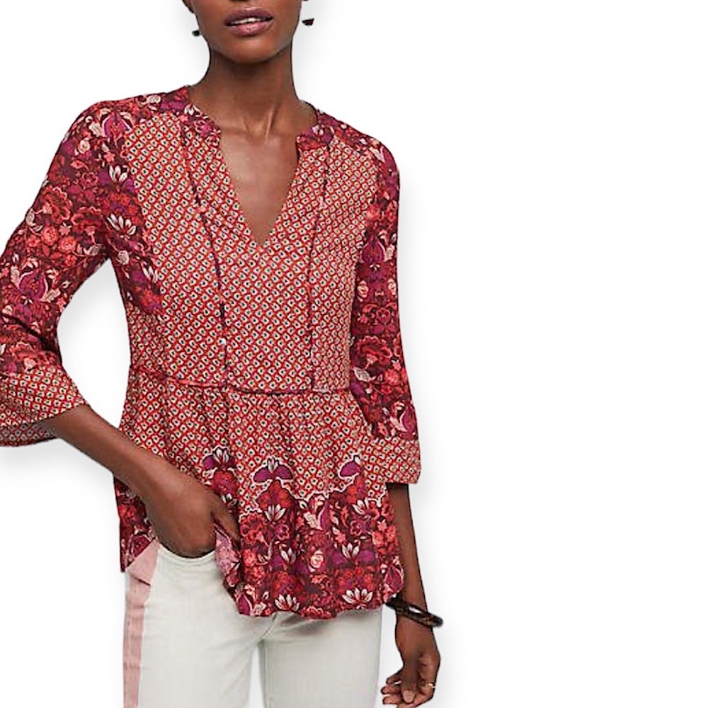 Ranna Gill Red Floral Patchwork Peasant Top